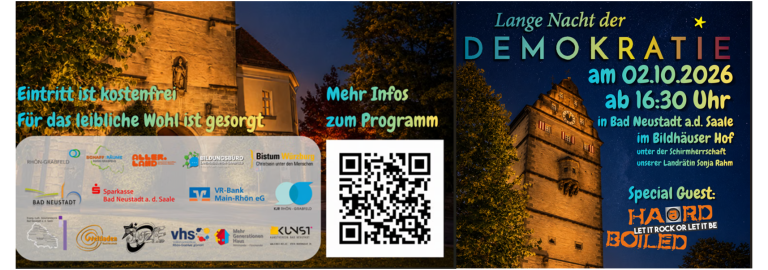 Collage aus dem Plakat der Langen Nacht der Demokratie 2026 in Bad Neustadt an der Saale