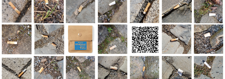 Fotos von Zigarettenkippen und der Kippen-Stummel-Sammel-Tüte samt QR-Code