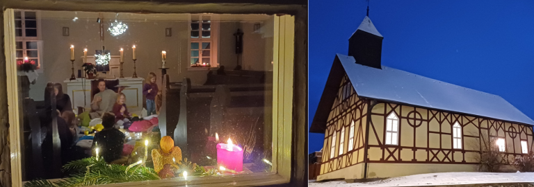 Die evangelische Kirche in Nordheim vor der Rhön von außen und Blick in die Kirche mit 