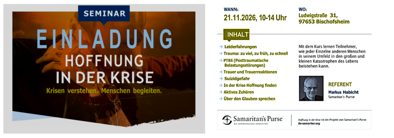 Plakat zum Seminar "Hoffnung in der krise" in Bischofsheim am 21.11.26